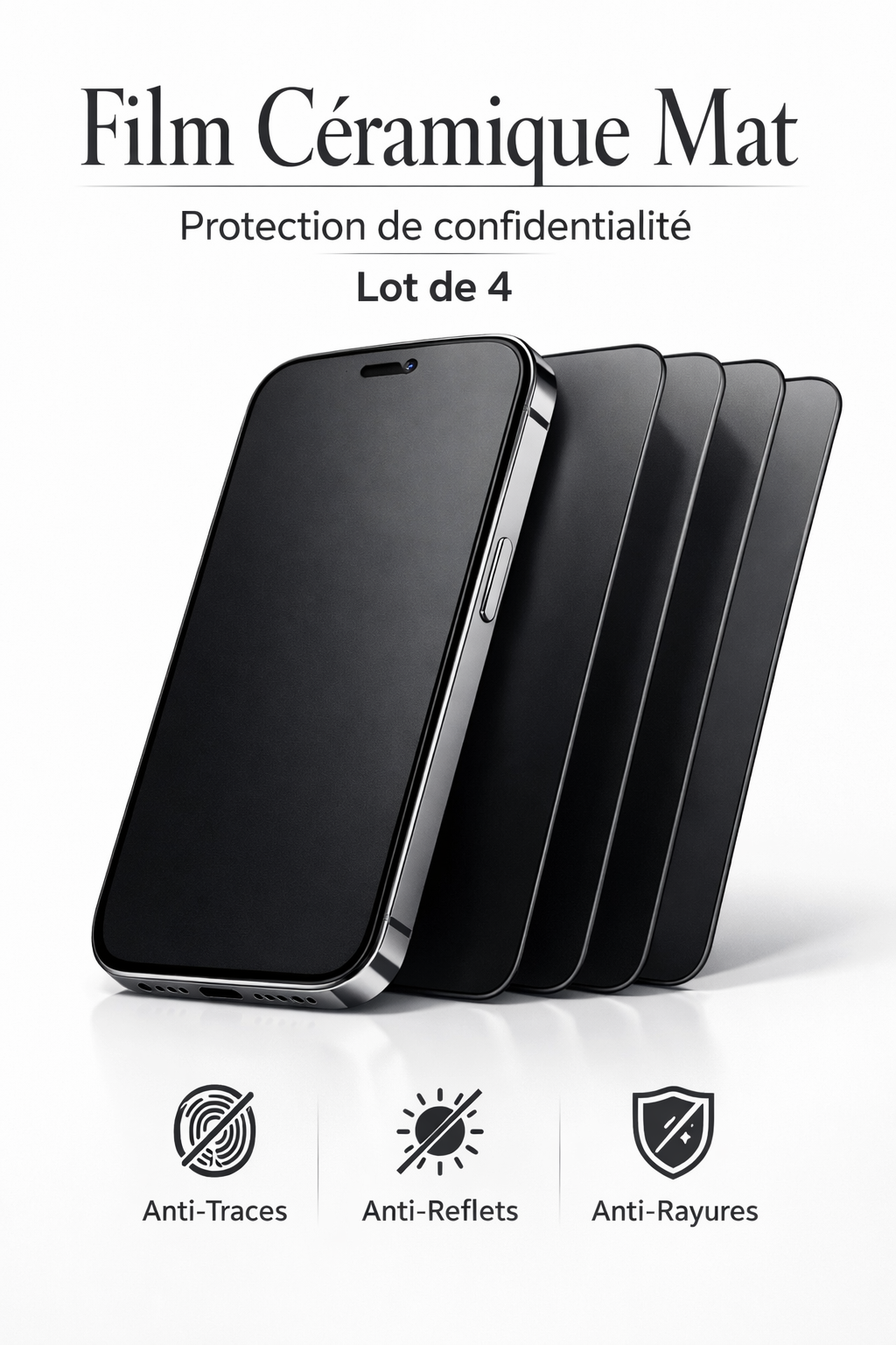 Film Céramique Anti-Espion — Lot de 4 | Anti-Traces · Mat · Tous iPhone