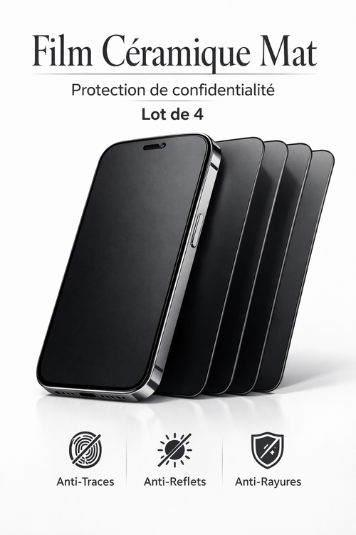 Film Céramique Anti-Espion — Lot de 4 | Anti-Traces · Mat · Tous iPhone
