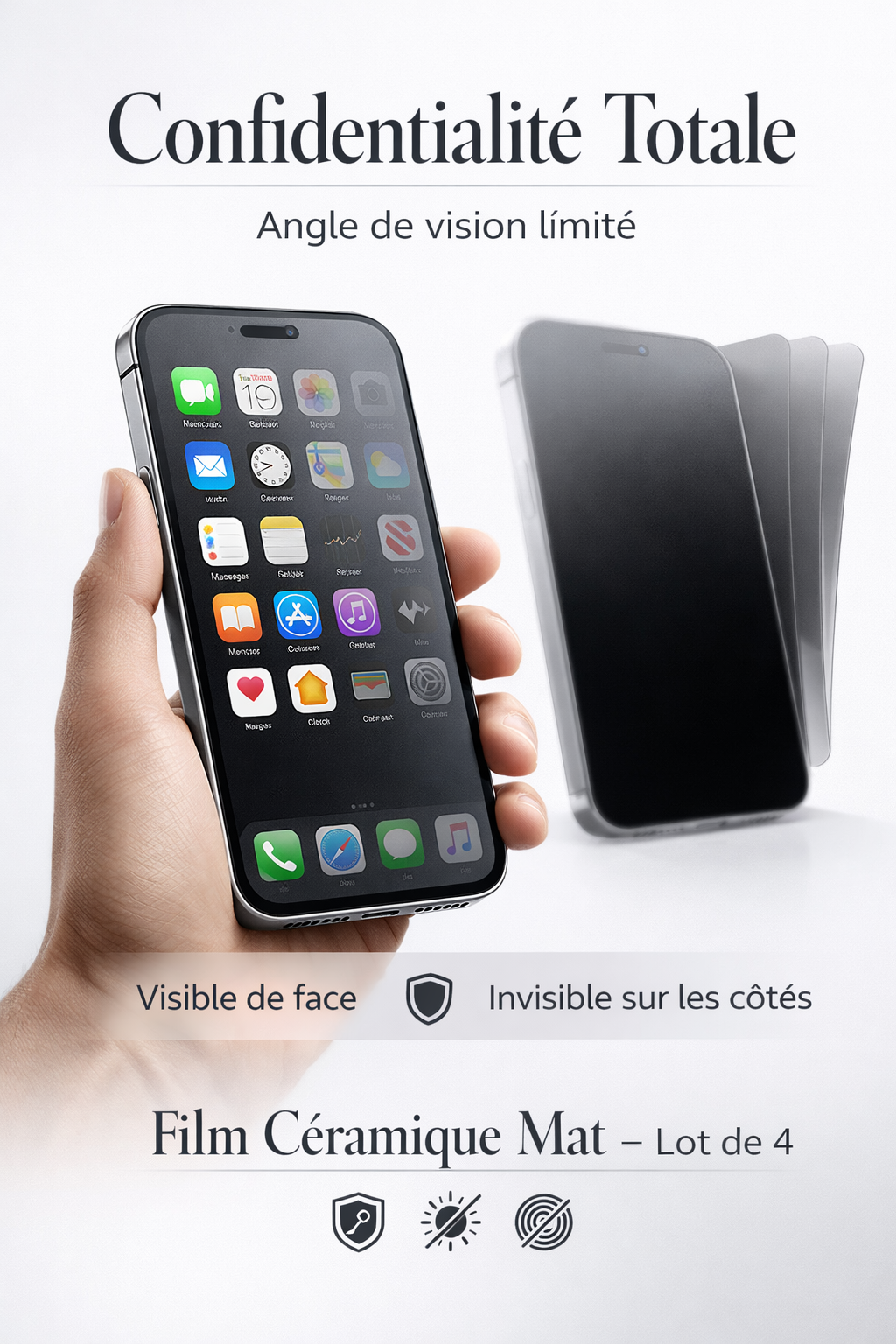 Film Céramique Anti-Espion — Lot de 4 | Anti-Traces · Mat · Tous iPhone